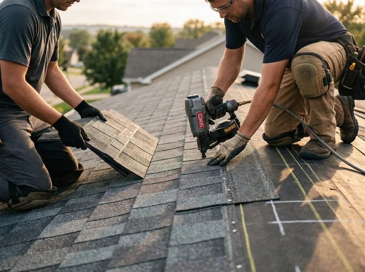 Professional roofer working on a residential roof in Beach Park